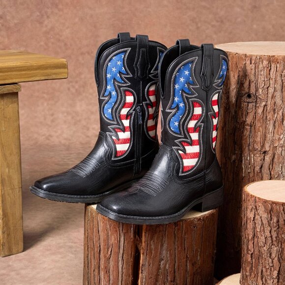 Men\'s Black 1 Western Boot Side Zipper American Flag Retro Square Toe Mid-Calf main image 4
